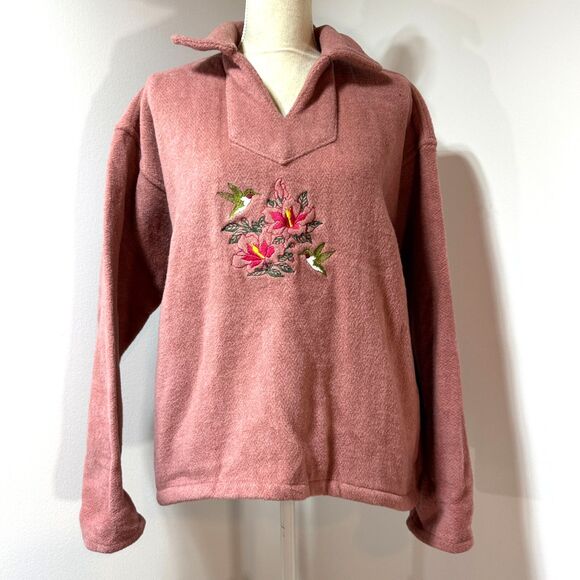 Cabin Fever Sweater Heavyweight Size Medium Acrylic Pink Hummingbirds Flowers - Picture 3 of 9